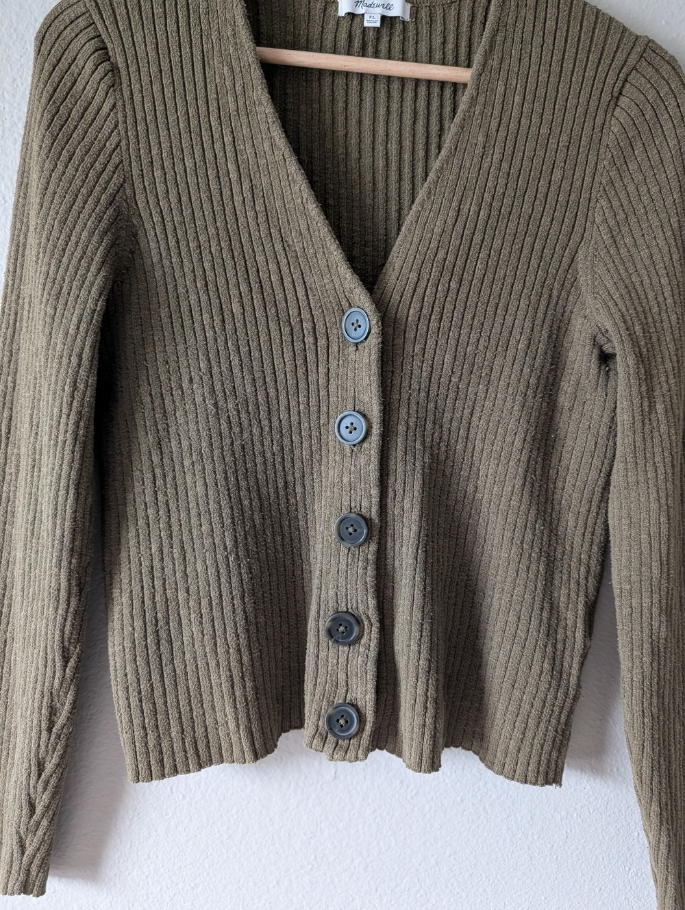 Madewell Ribbed Knit Cardigan Olive Green Button Front Womens XL Runs Small - Picture 3 of 6